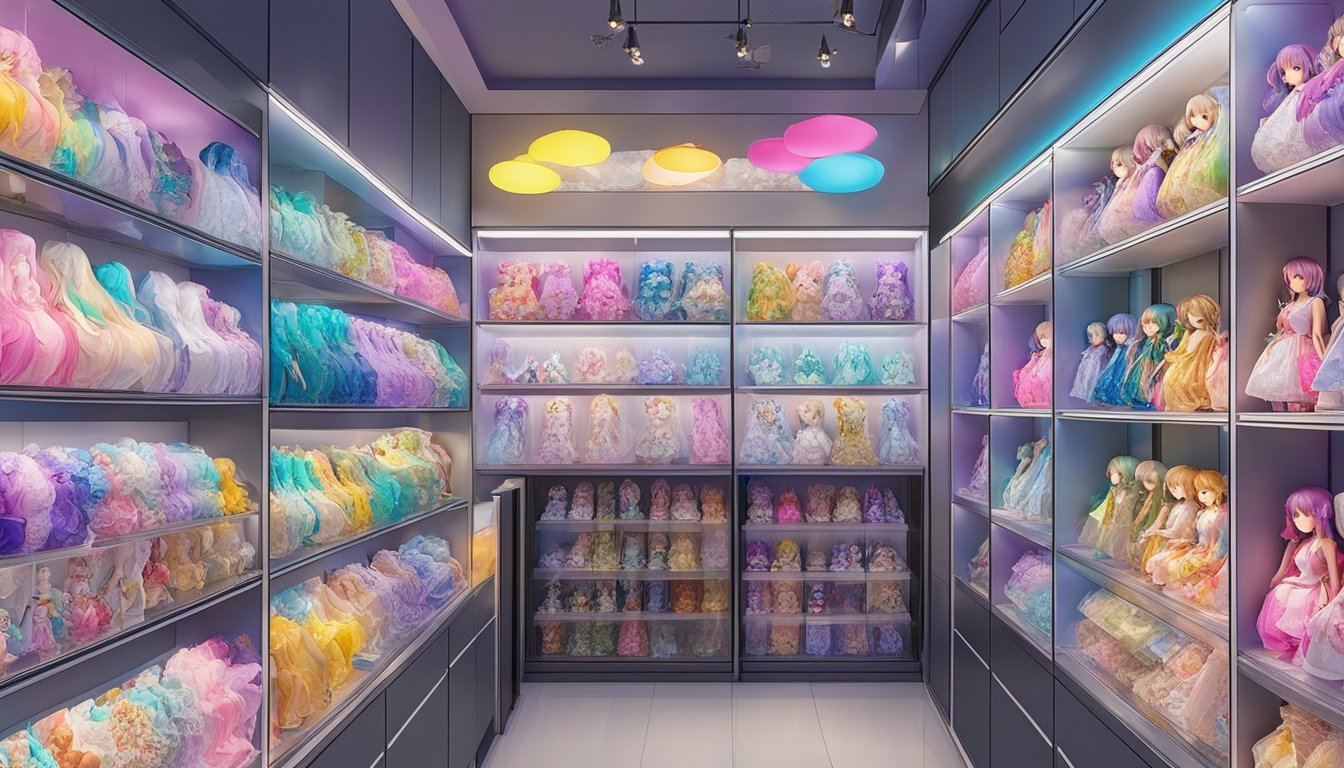 A colorful array of fantasy and anime-inspired sex dolls displayed in a bright, modern showroom. Intricate details and customization options are highlighted, drawing in potential customers