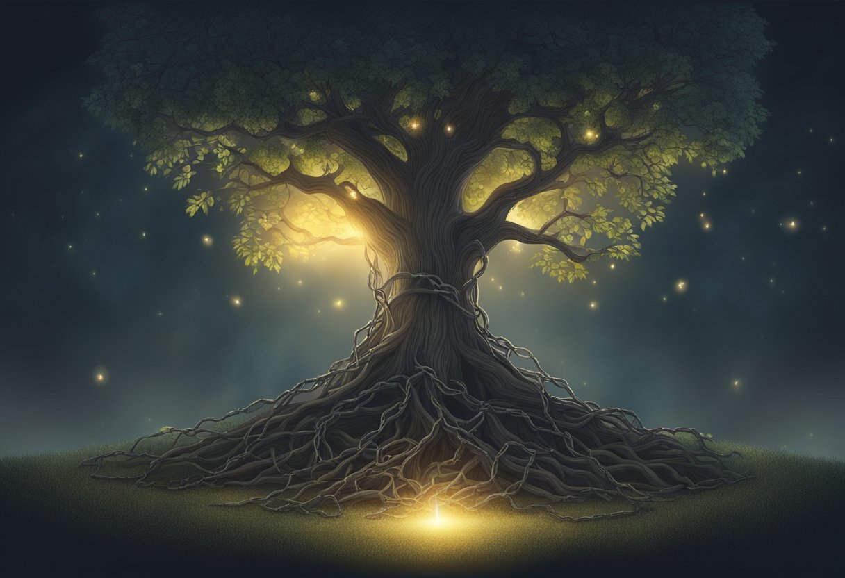 A family tree with broken chains and a powerful light breaking through the darkness