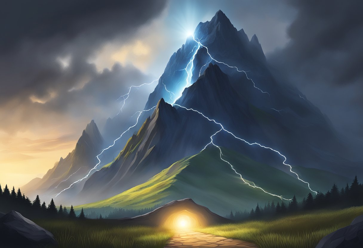 A glowing light breaks through dark clouds, illuminating a path leading to a towering mountain. A chain lies shattered at the mountain's base, symbolizing the destruction of generational curses