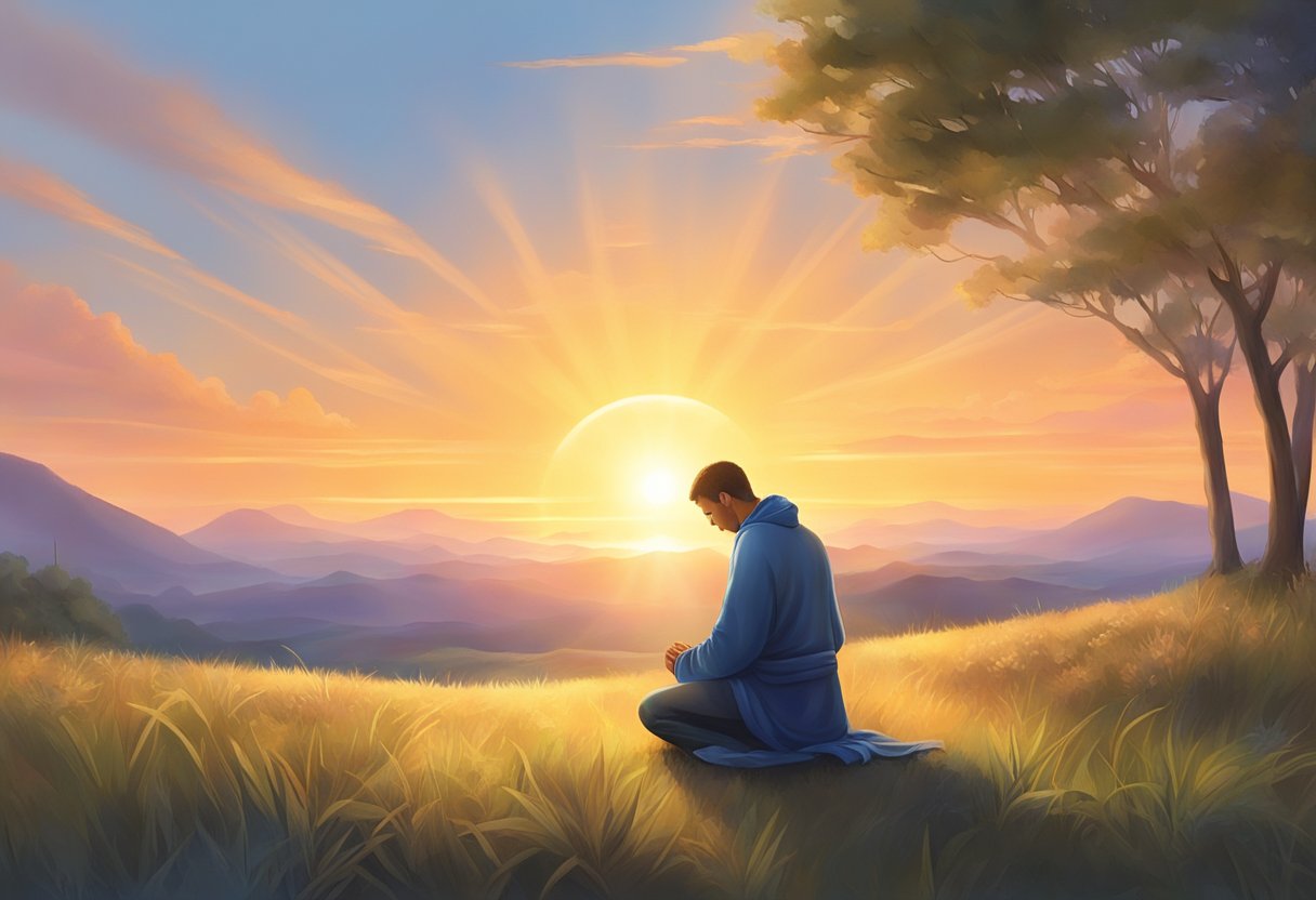 The morning sun rises over a serene landscape as a figure kneels in prayer, surrounded by a glowing aura of divine protection