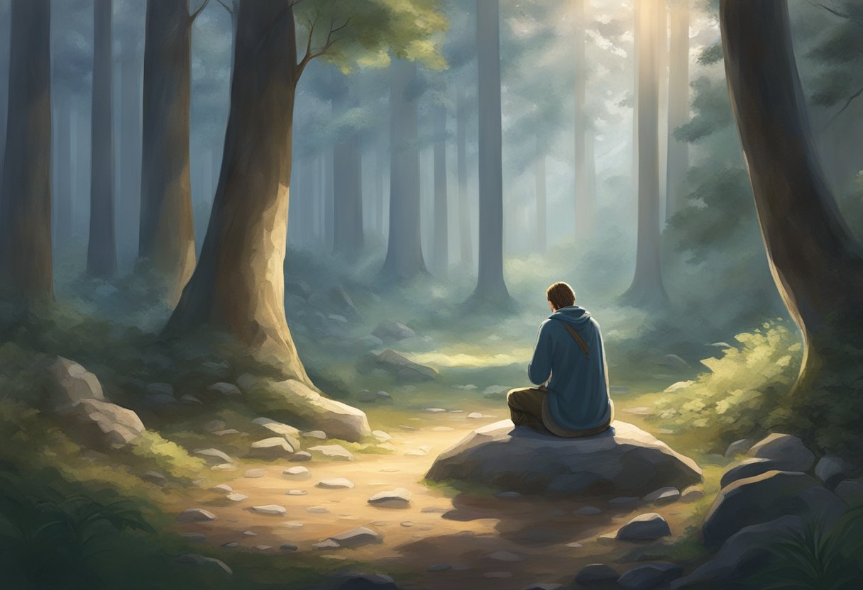 A serene forest clearing, bathed in the soft light of dawn. A circle of stones marks the sacred space where a spiritual warrior kneels in prayer