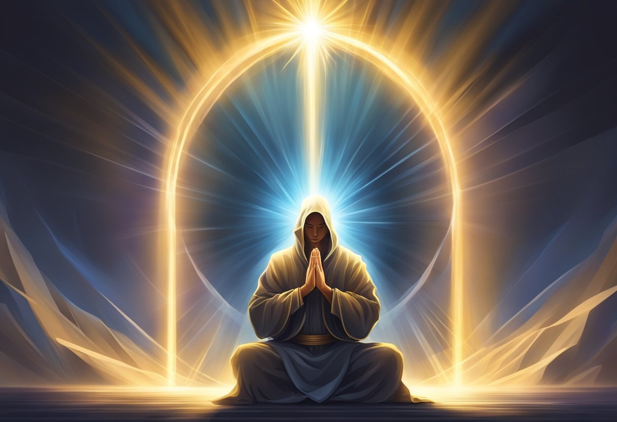 A figure kneels in prayer, surrounded by a radiant aura. Rays of light pierce through the darkness, symbolizing divine protection in a spiritual battle