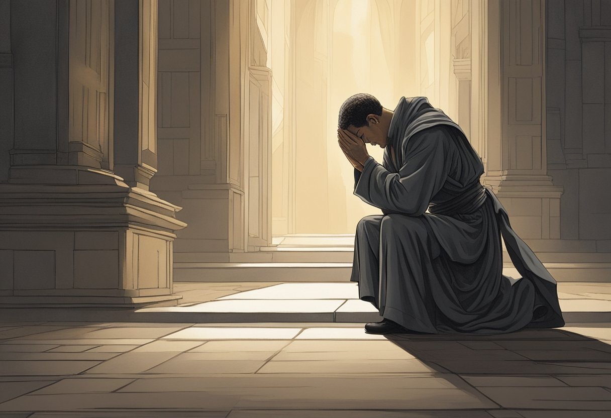 A solitary figure kneels in a dimly lit room, head bowed in repentance and surrender. The atmosphere is charged with spiritual warfare as the figure engages in fervent morning prayer