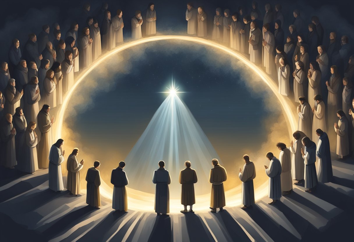 A group of believers gather in a circle, heads bowed in prayer. Rays of light break through the darkness, symbolizing spiritual warfare and intercession