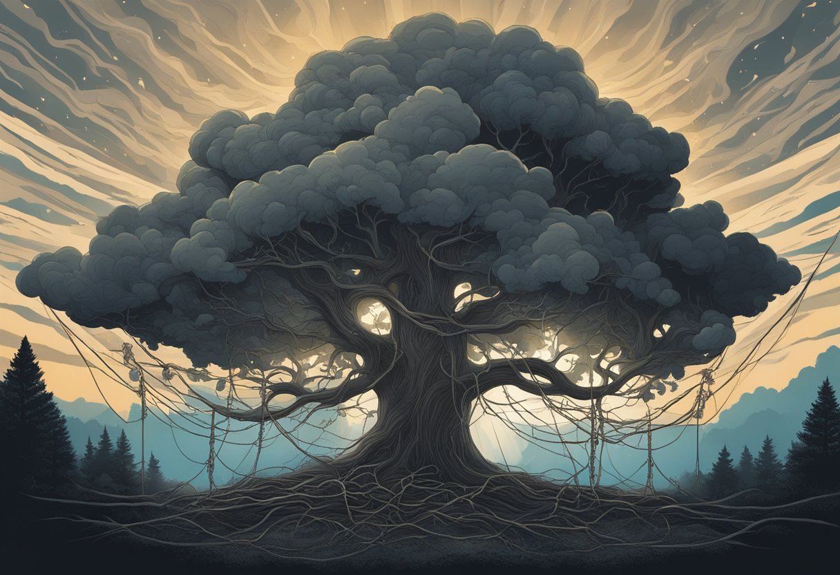 A dark cloud hovers over a family tree, with roots tangled in chains and branches twisted into sinister shapes. Lightning strikes and shatters the pattern, releasing a radiant glow of hope