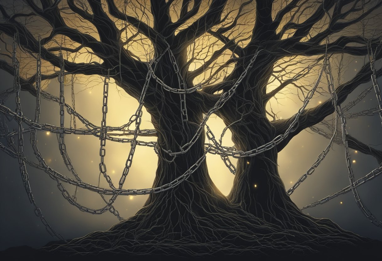 A dark, tangled web of family trees with chains breaking, and light bursting through the darkness, symbolizing the breaking of curses and destruction of evil patterns