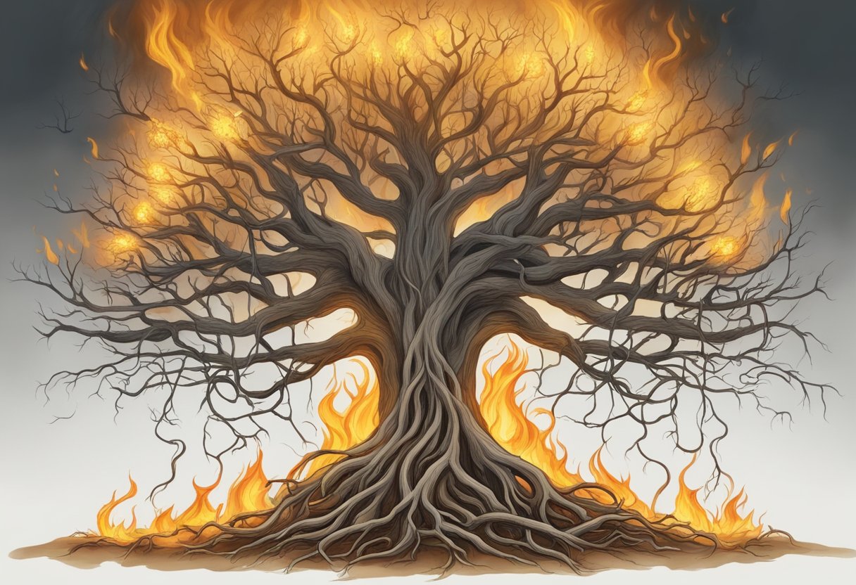 A family tree engulfed in flames, with roots breaking free from chains, representing deliverance from evil patterns