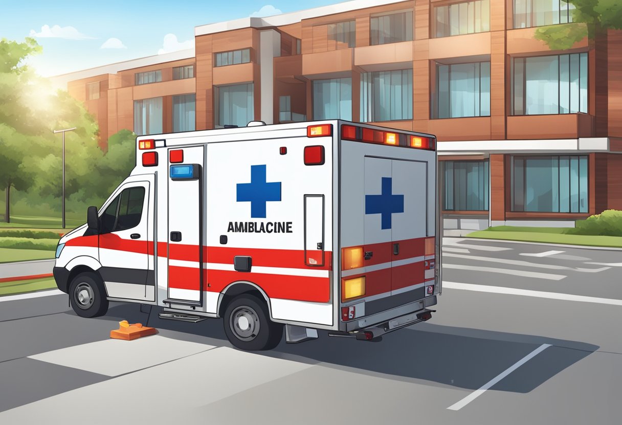 A private ambulance with flashing lights and a red cross logo parked outside a hospital, with paramedics unloading medical equipment