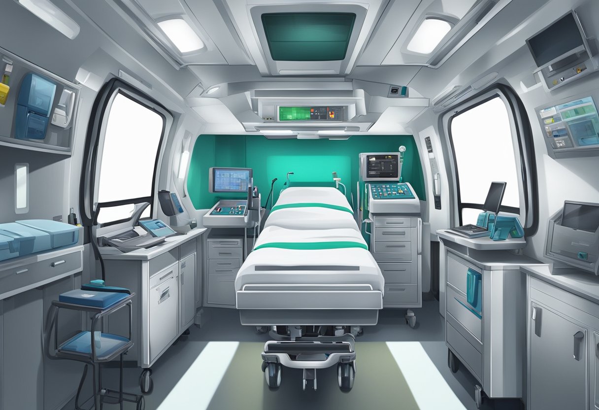 A medical team and equipment in a private ambulance