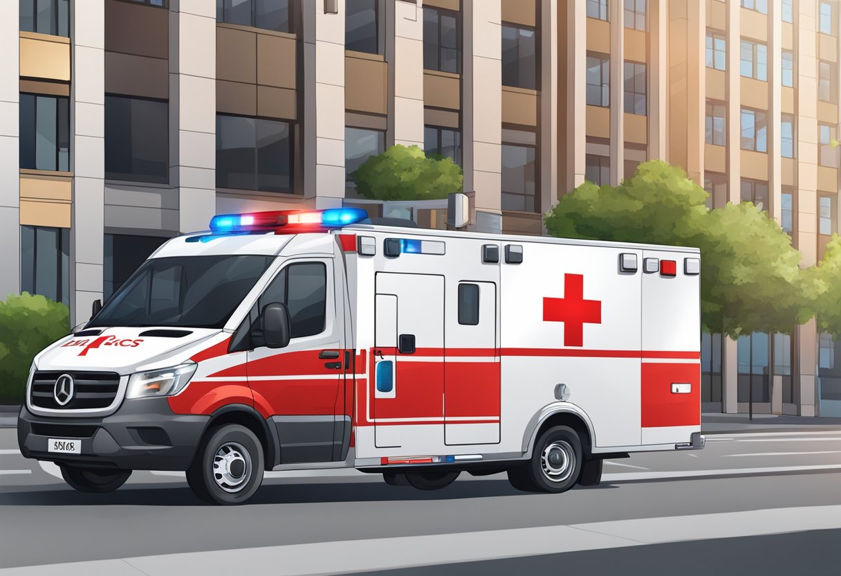 A private ambulance with flashing lights and a red cross logo waits outside a building