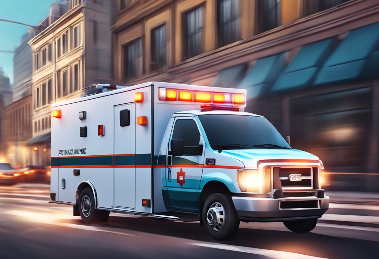 A private ambulance speeding through city streets with flashing lights and blaring sirens