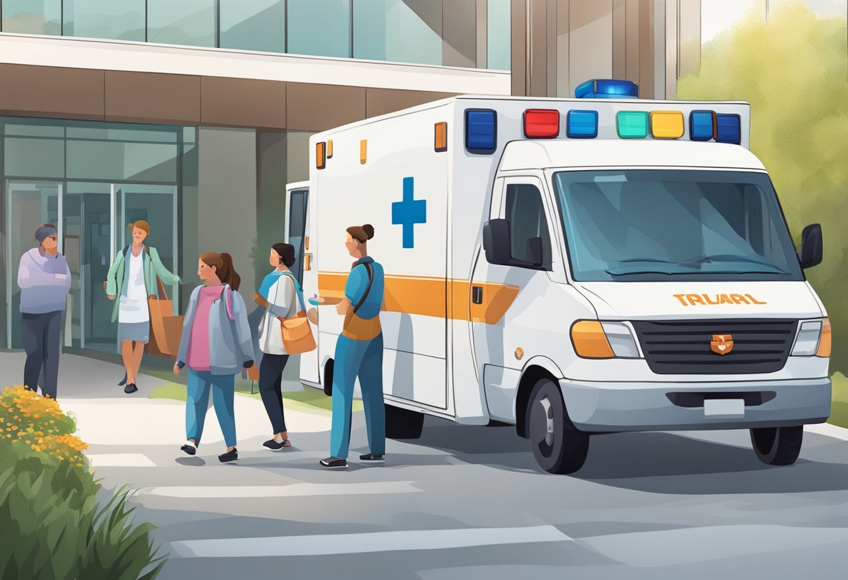 A private ambulance arrives at a hospital entrance, with a family waiting anxiously nearby