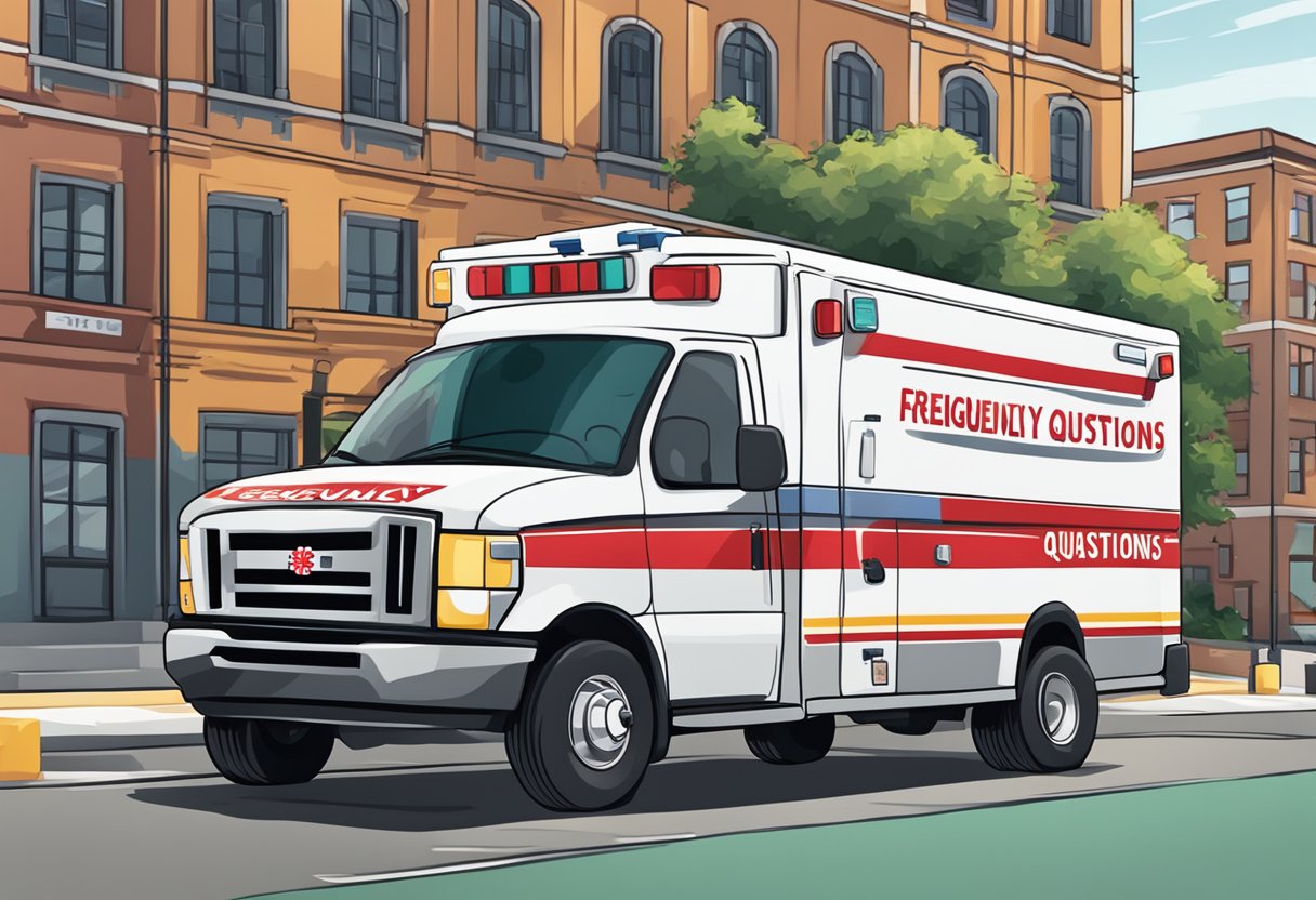 A private ambulance parked outside a building with a sign reading "Frequently Asked Questions" in bold letters