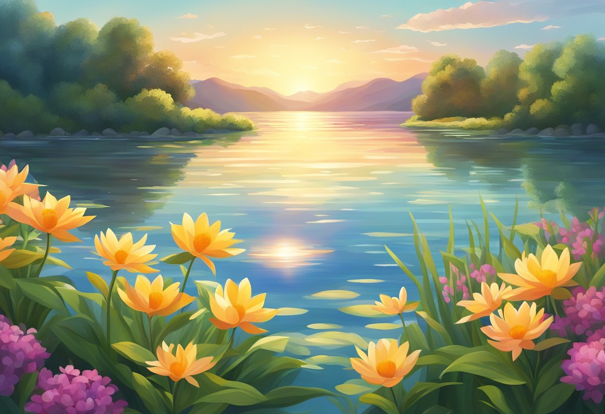 A bright, serene landscape with a sun rising over a calm, reflective body of water, surrounded by lush greenery and vibrant flowers