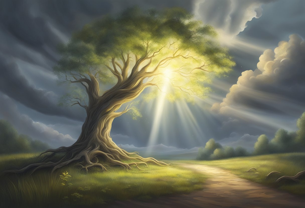 A beam of light breaks through dark clouds, illuminating a path of hope and renewal. A withered tree begins to bud with new life, symbolizing restoration and transformation