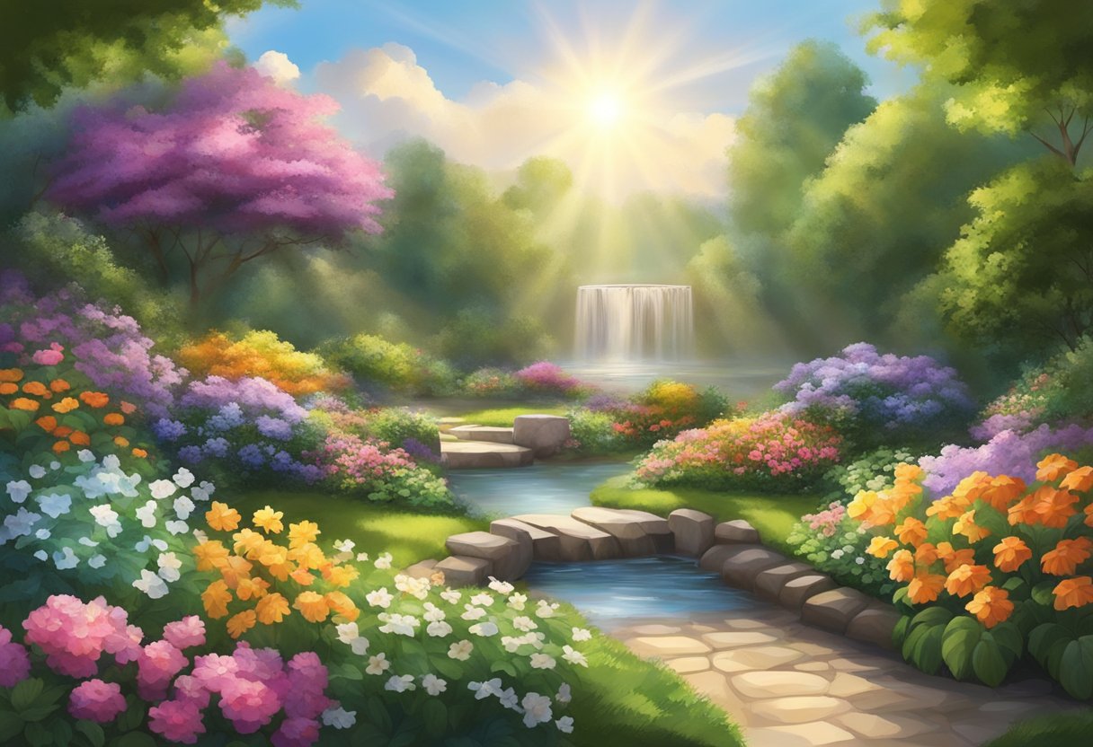 A serene garden with a flowing stream, surrounded by vibrant flowers and lush greenery, with a beam of sunlight breaking through the clouds