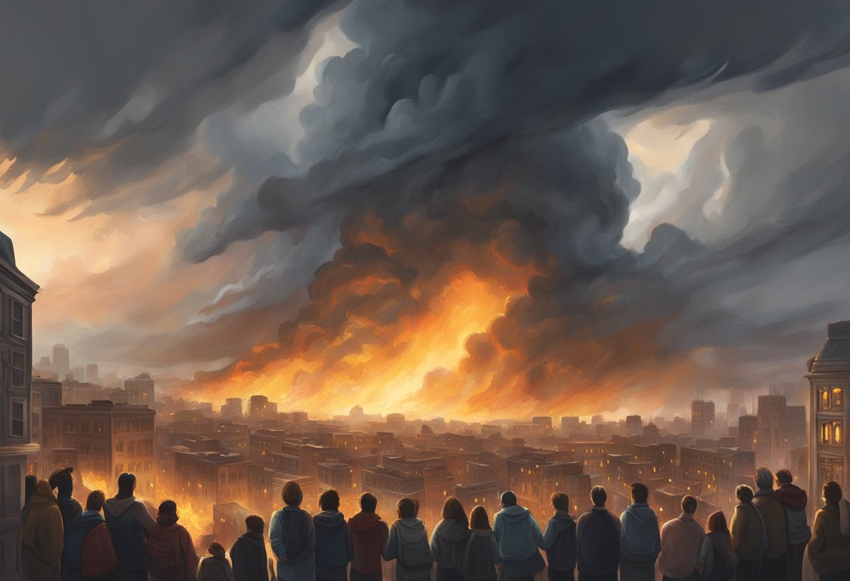 A stormy sky looms over a city in chaos. Buildings are engulfed in flames as people huddle together, praying for mercy in the midst of crisis
