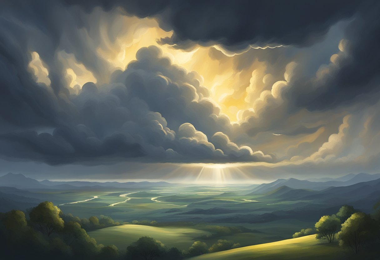 A serene, glowing light shines through dark storm clouds, casting a sense of hope and peace over a turbulent landscape