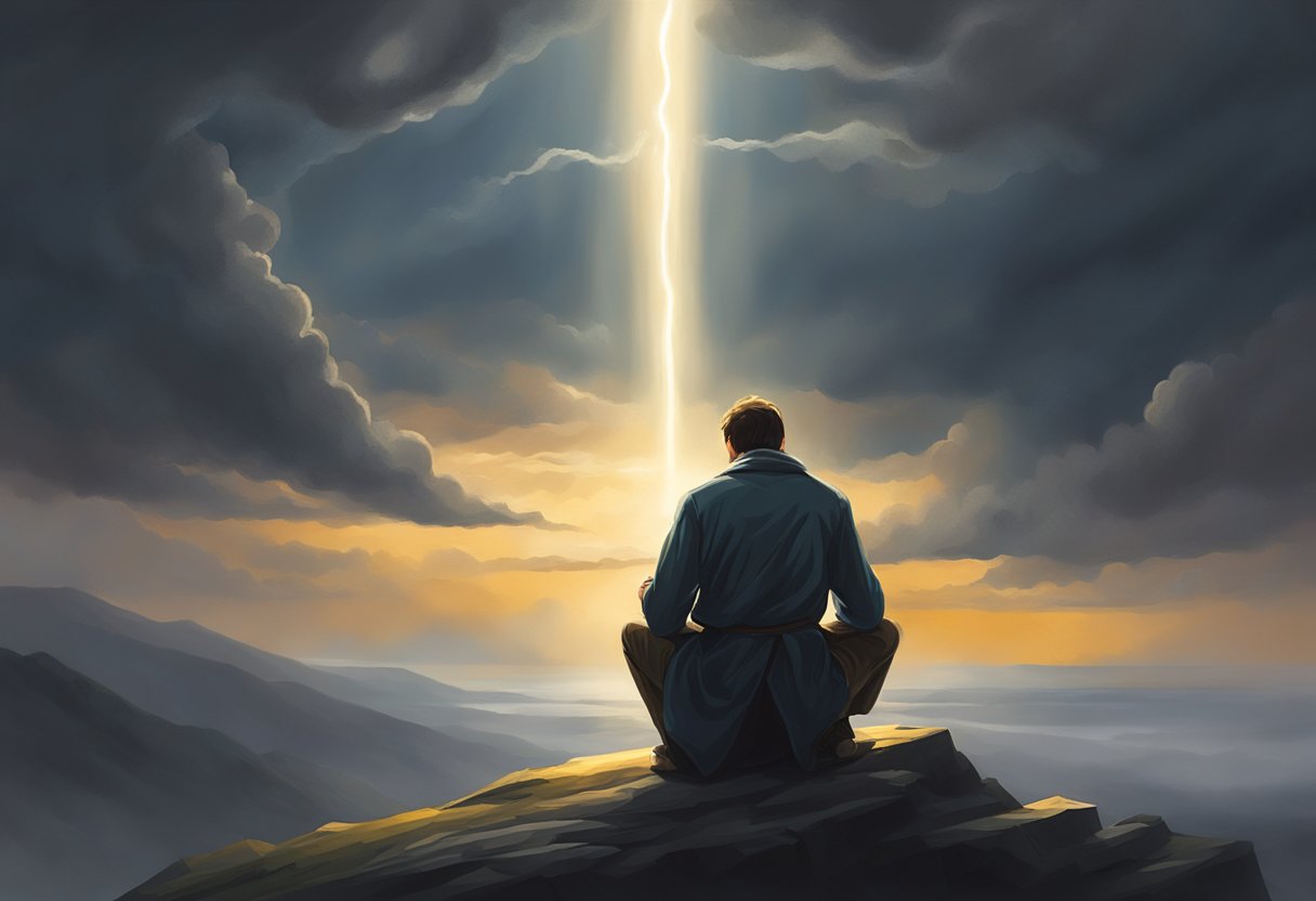 A figure kneels in a dark, stormy landscape, head bowed in prayer. A beam of light breaks through the clouds, illuminating the figure in a moment of hope amidst crisis