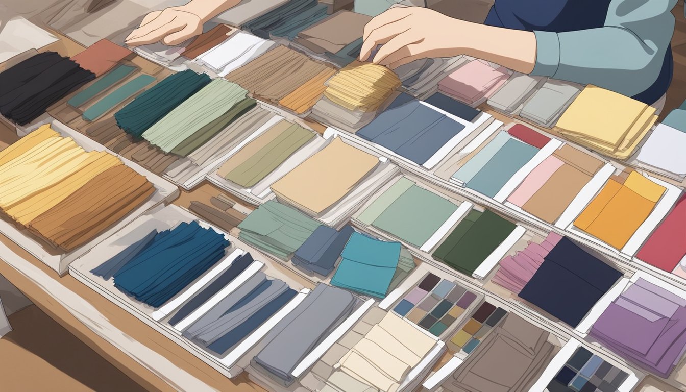 A customer selecting materials for a doll: various fabric swatches and samples laid out on a table, with hands holding and comparing different textures and colors