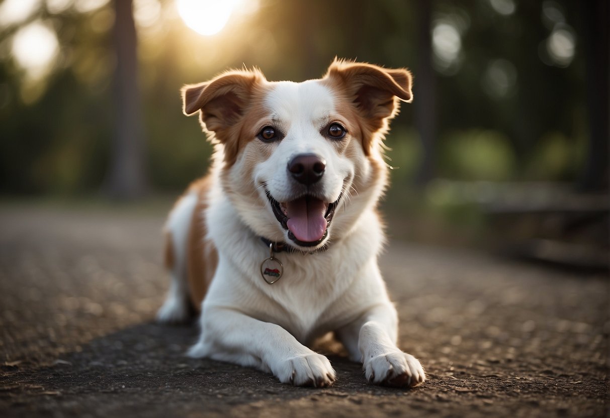 A dog with a relaxed body posture, licking its lips frequently, with a slightly open mouth and a focused gaze