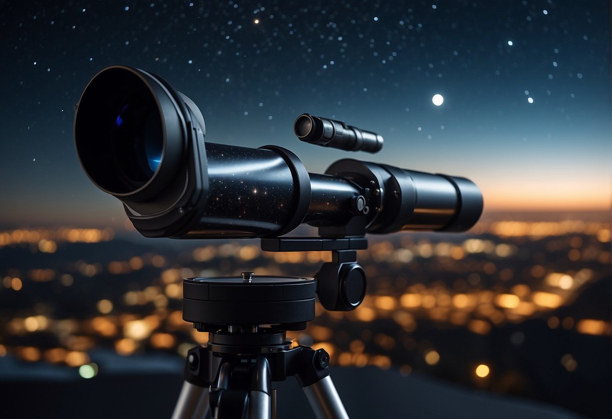 A telescope automatically adjusts its position while an AI system observes celestial bodies in the night sky