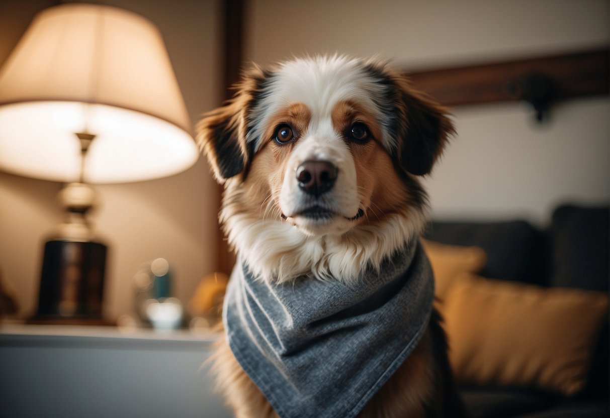 A dog with missing patches of hair receiving preventative measures and home care, such as topical treatments or grooming, in a cozy home setting