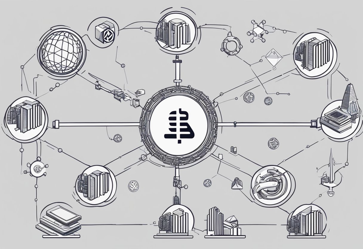 A network of interconnected chains with the Tokenomics ChainSwap logo at the center, surrounded by various cryptocurrency symbols and data nodes