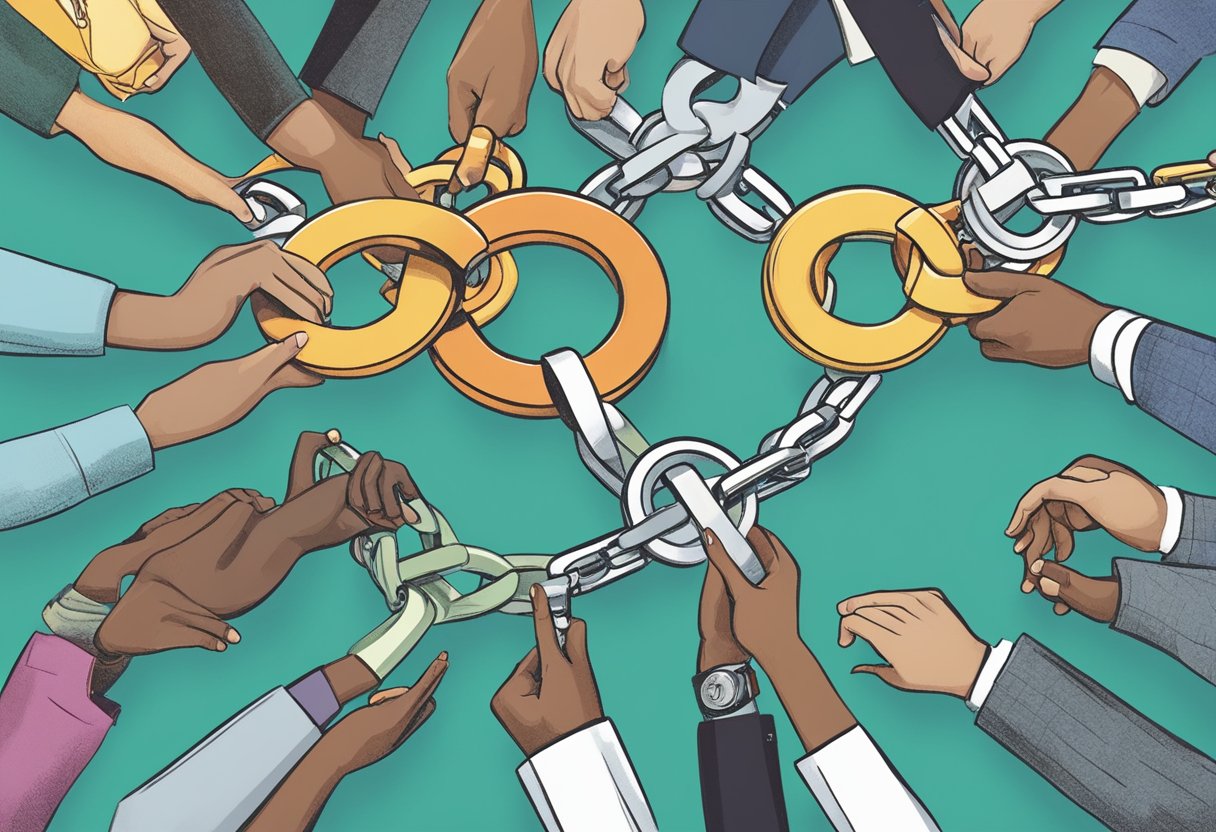 A group of diverse individuals gather around a symbolic chain, exchanging ideas and information, representing the interconnected community of ChainSwap