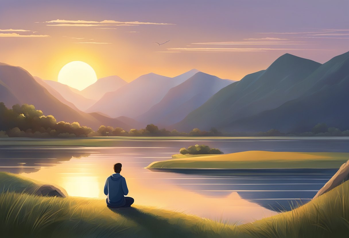A sun rising over a tranquil landscape, with a figure kneeling in prayer, surrounded by a sense of peace and serenity