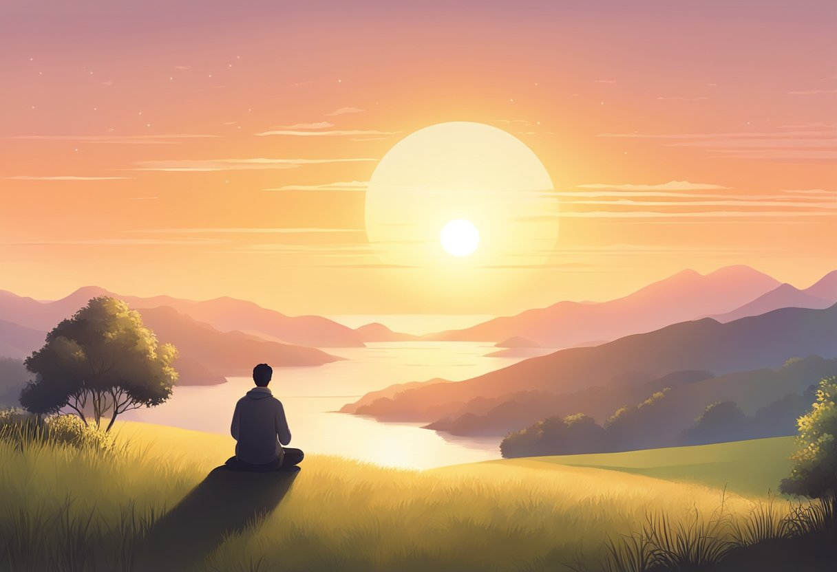 Sunrise over a serene landscape with a figure in prayer, surrounded by nature and a sense of peace and tranquility