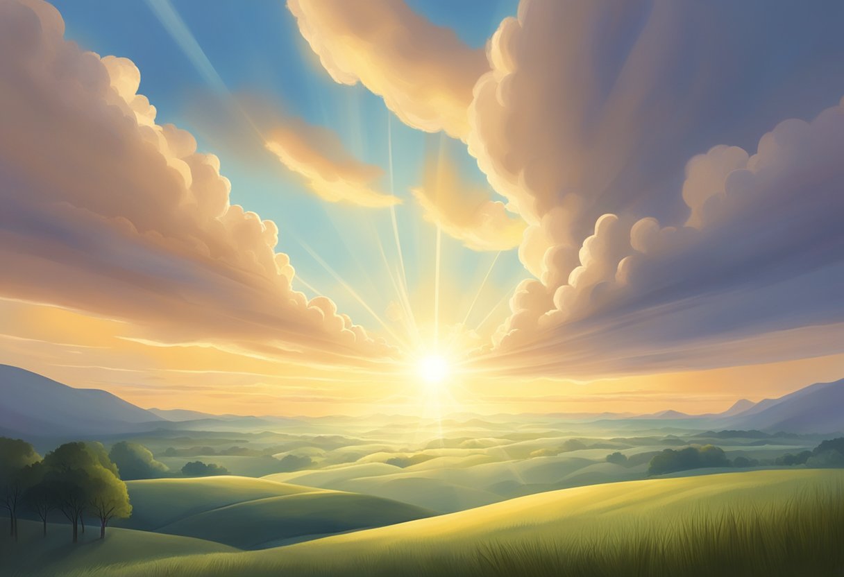 A serene sunrise over a tranquil landscape, with rays of light breaking through the clouds, symbolizing the beginning of a new day filled with hope and guidance