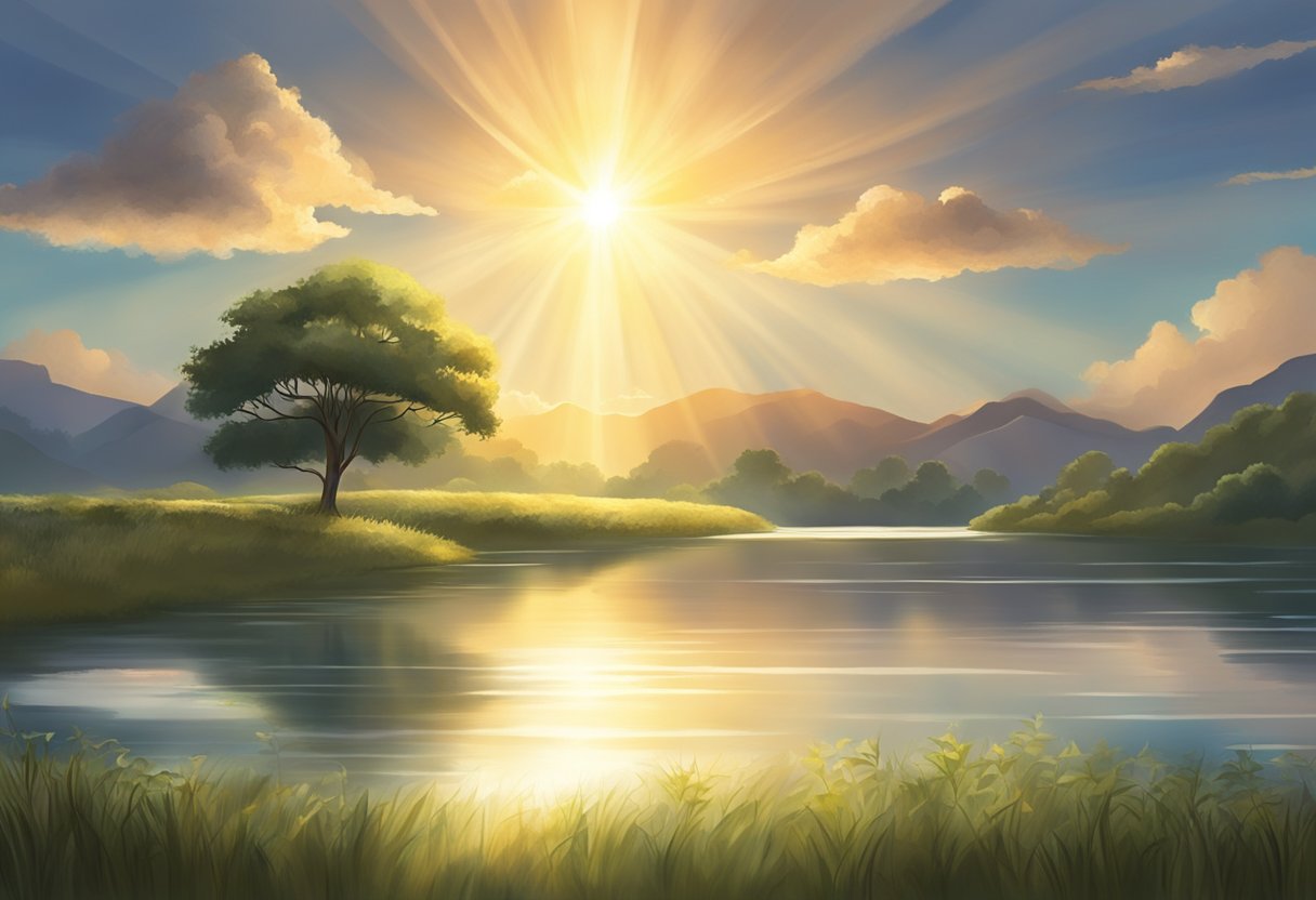 A serene sunrise over a tranquil landscape, with rays of light breaking through the clouds, symbolizing strength and protection