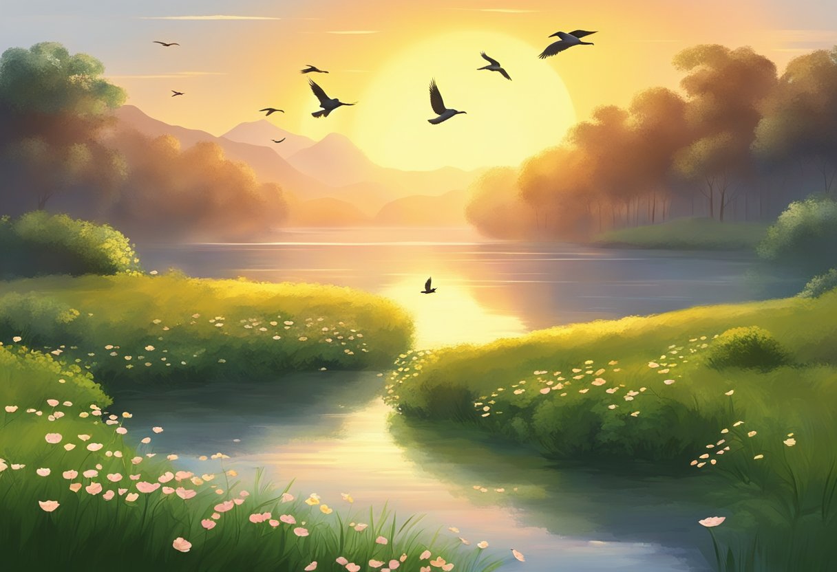 Sunrise over a tranquil landscape, with birds in flight and lush greenery. A sense of peace and gratitude emanates from the scene