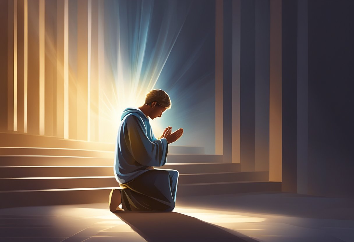 A person kneeling in prayer, surrounded by beams of light, with hands lifted in supplication. A sense of peace and connection to a higher power is evident