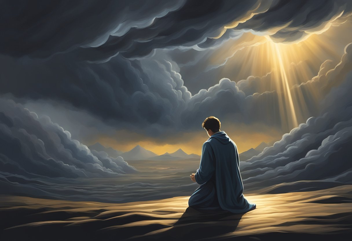 A figure kneels in prayer, surrounded by swirling dark clouds. Mockers cower as beams of light break through the darkness