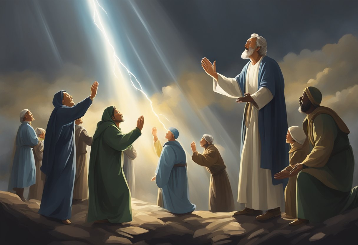 A beam of light breaks through dark clouds, illuminating a group of mocking figures, who cower and scatter as the power of prayer surrounds them