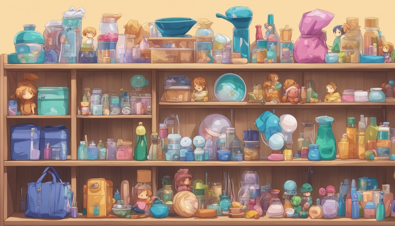 A shelf with different types of dolls, each with unique cleaning tools and supplies nearby