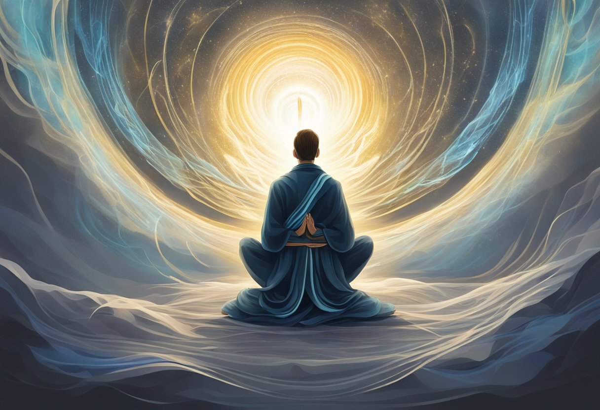 A serene figure kneels in prayer, surrounded by swirling energy warding off negative forces