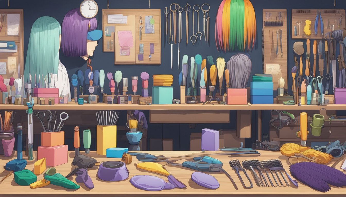 A table with various wigs in different styles and colors, along with tools for customization, such as combs and scissors, arranged neatly on display