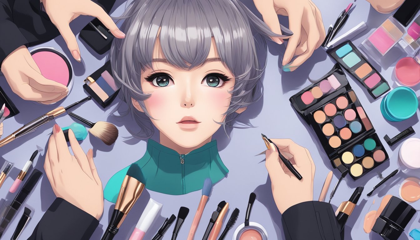 A sex doll head sits on a table, surrounded by various makeup products and tools. A hand reaches in to apply foundation, blending it seamlessly for a flawless finish