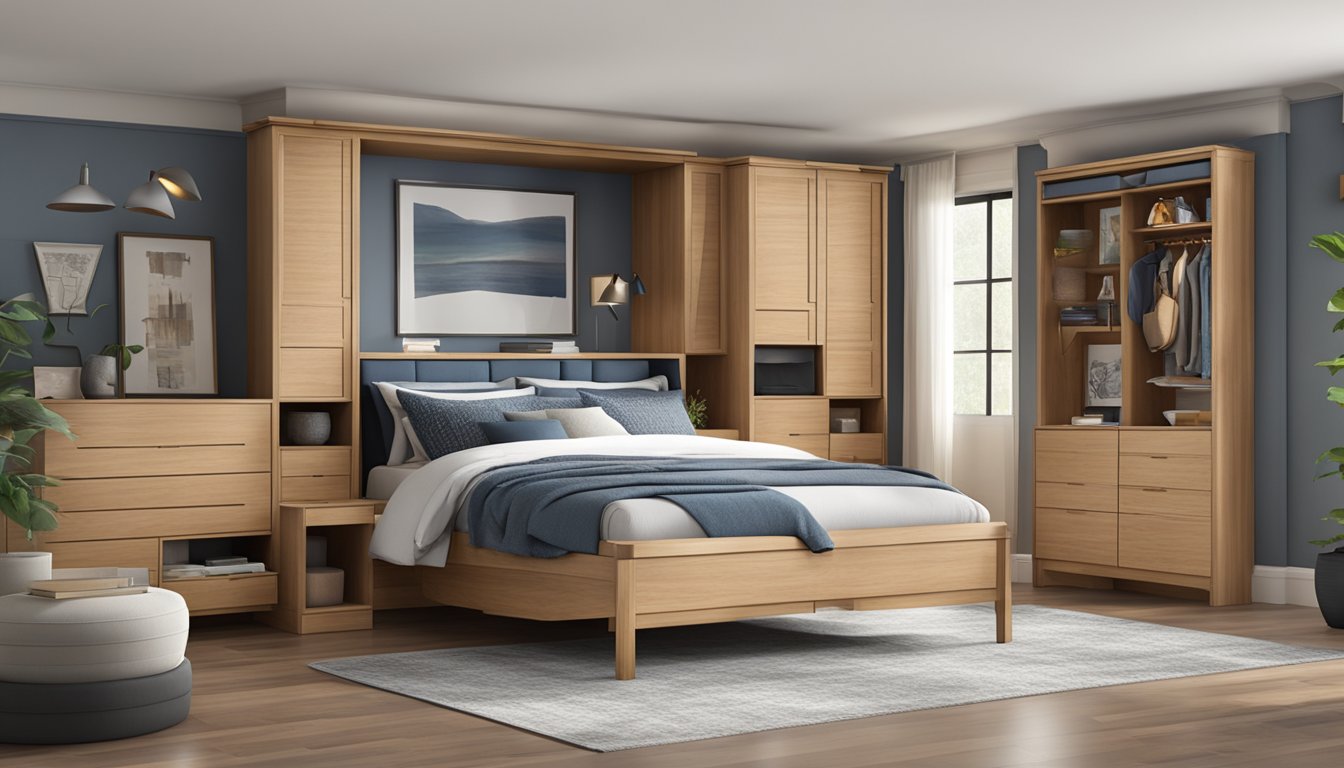 A bed frame with a headboard featuring built-in storage compartments