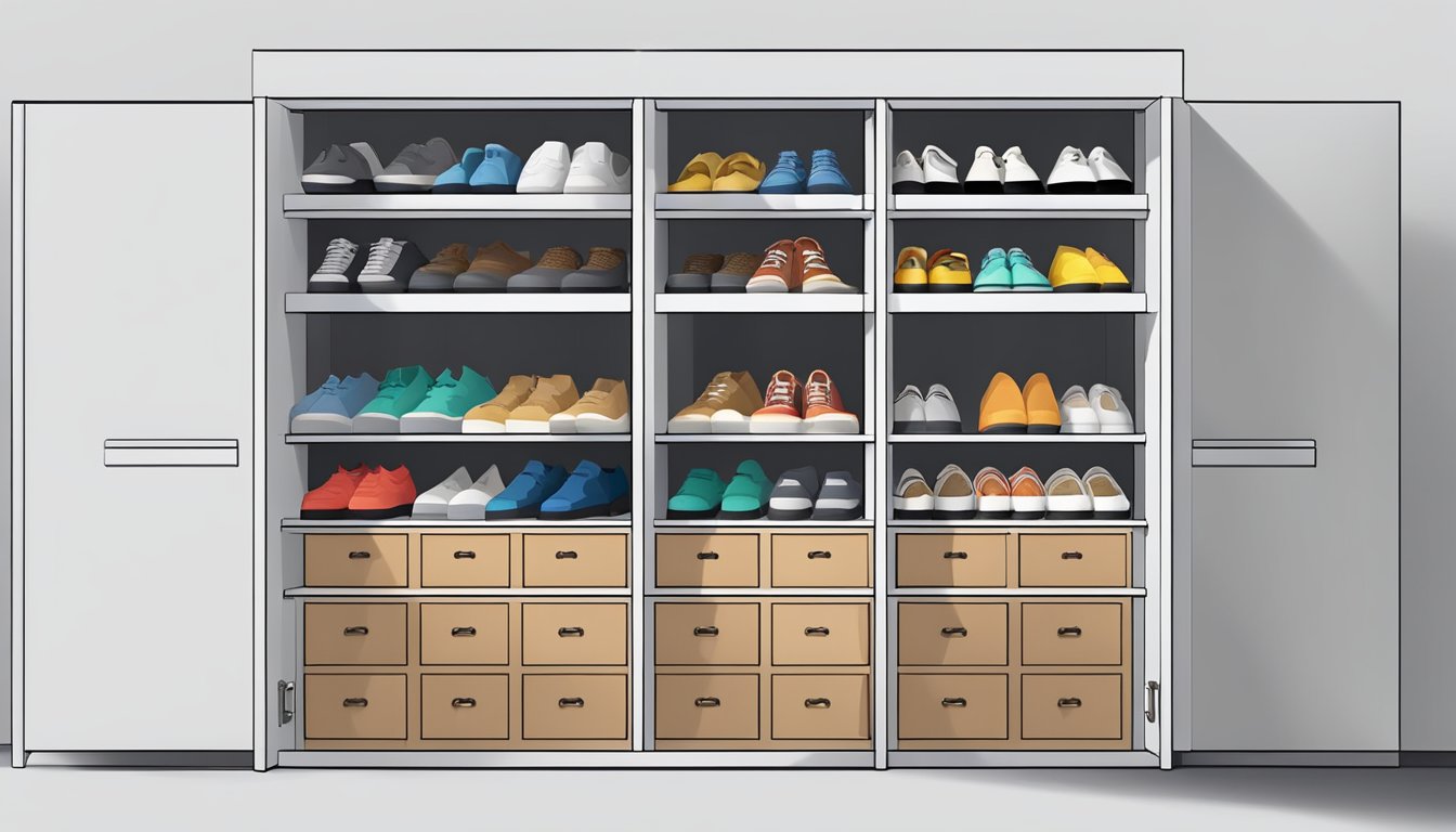 A shoe storage cabinet with multiple compartments and doors, neatly organizing various pairs of shoes in a clean and orderly manner