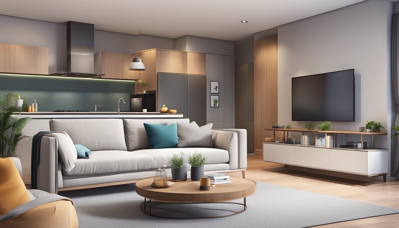 A spacious living room with modern furniture, a cozy bedroom with a large bed, a sleek kitchen with built-in appliances, and a stylish bathroom with a walk-in shower