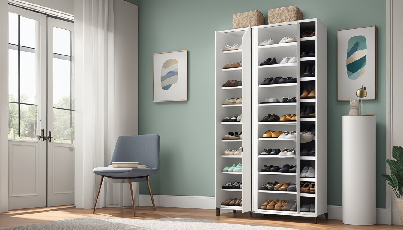 A shoe storage cabinet stands against a wall, neatly organizing pairs of shoes. The cabinet's sleek design maximizes space, with doors closed to conceal the contents