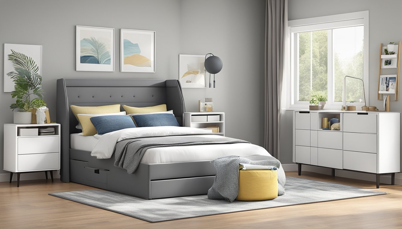 A bed frame with headboard storage sits in a well-lit bedroom, showcasing its sleek design and practical functionality. The headboard features built-in compartments for easy access to personal items, while the frame provides sturdy support for a comfortable night's sleep