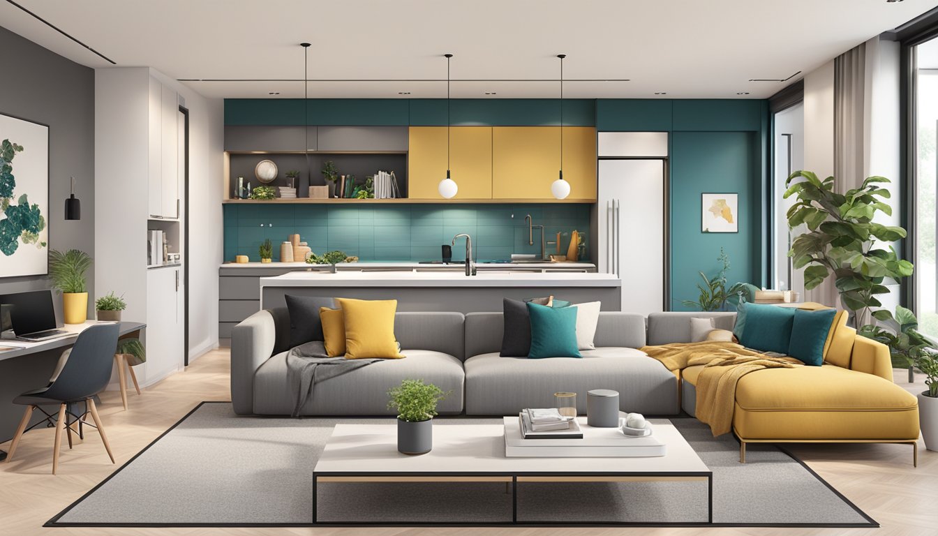 A modern living room with sleek furniture and pops of color. A cozy bedroom with a statement wall and soft lighting. A functional kitchen with clean lines and ample storage. A stylish and inviting home office space