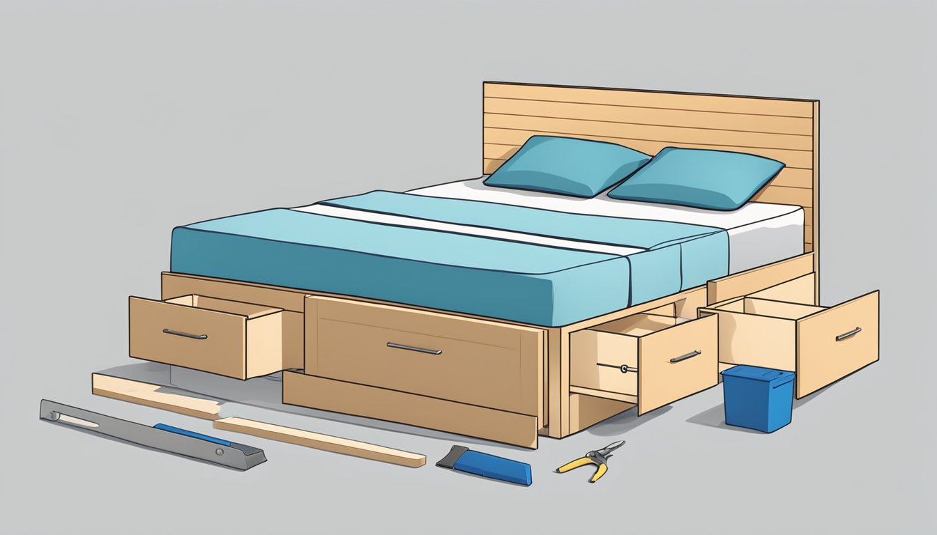 A person assembling a bed frame with headboard storage, using tools and following instructions