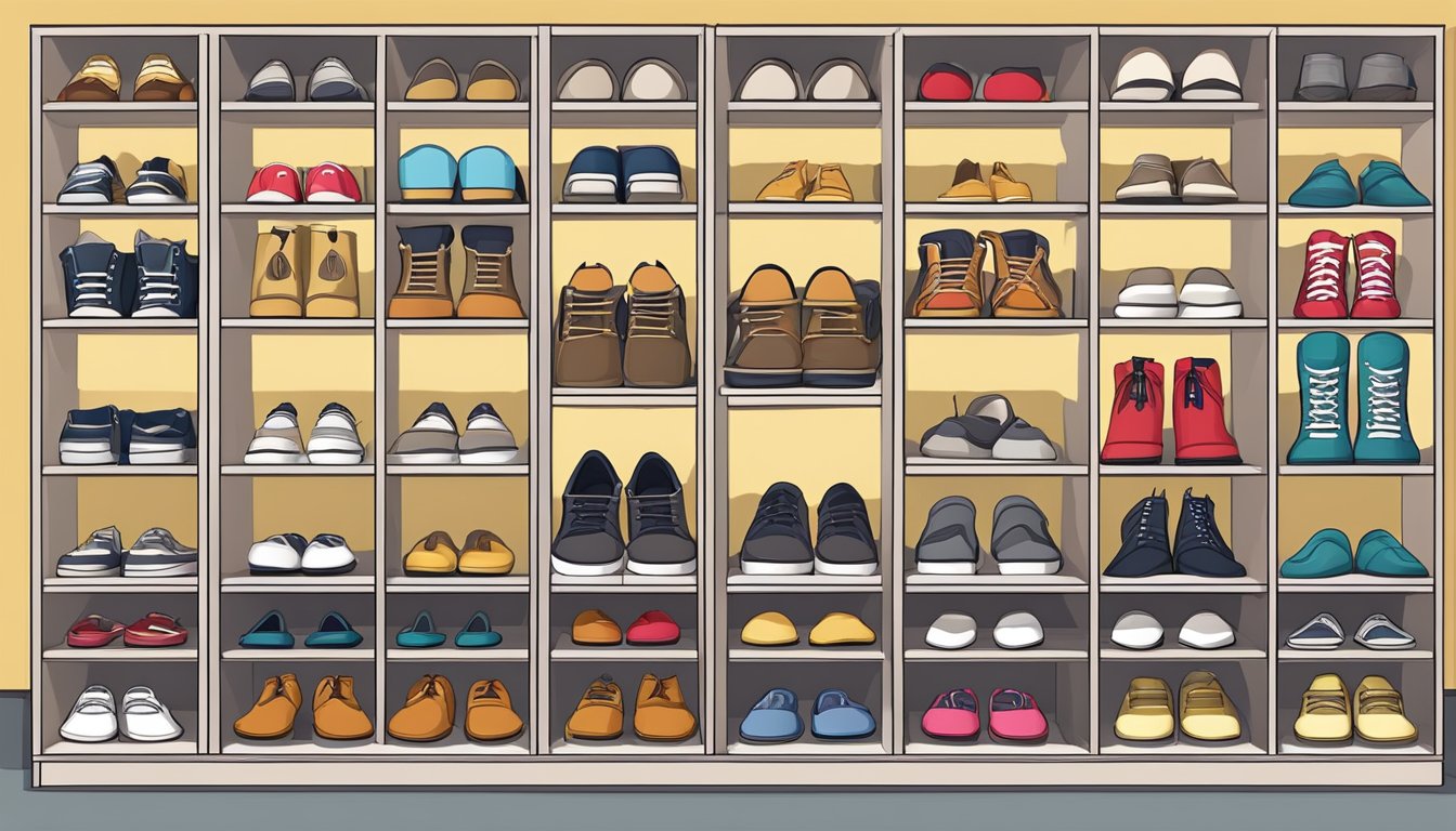A shoe storage cabinet with various compartments and shelves neatly organized with different types of shoes and accessories
