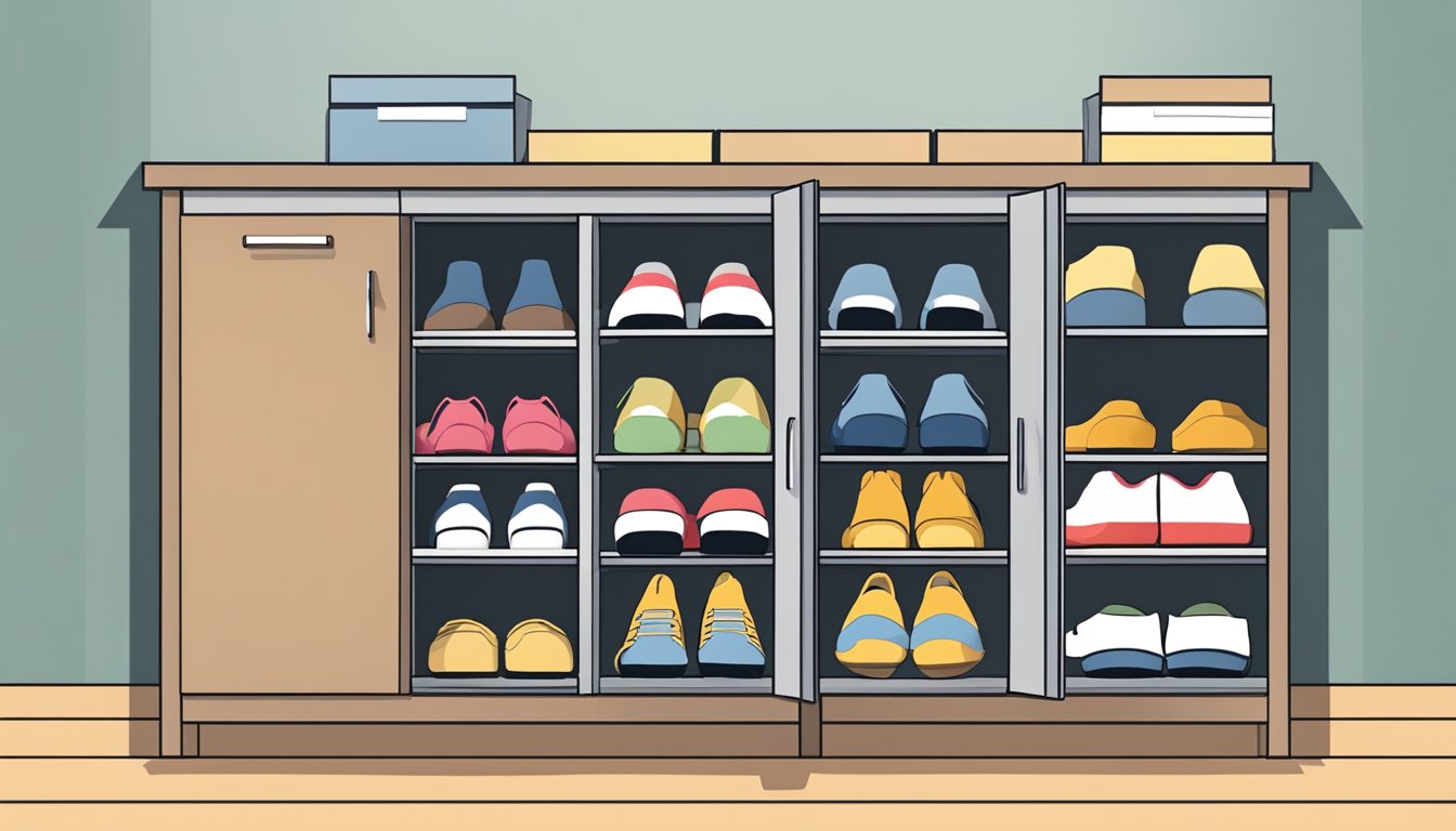 A shoe storage cabinet with multiple compartments and labeled shelves neatly organizing various types of footwear